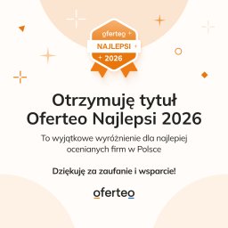 ASERET SPÓŁKA Z OGRANICZONĄ ODPOWIEDZIALNOŚCIĄ - Grafika z logotypem Oferteo Najlepsi 2026, informująca o otrzymaniu tytułu. Jasne tło z pomarańczowymi akcentami i tekstem o wyróżnieniu dla firm w Polsce.