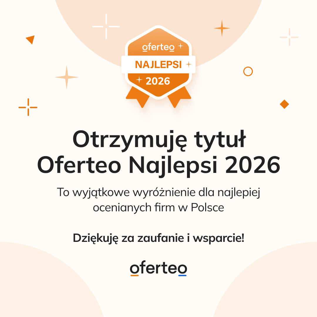 Grafika z logotypem Oferteo Najlepsi 2026, informująca o otrzymaniu tytułu. Jasne tło z pomarańczowymi akcentami i tekstem o wyróżnieniu dla firm w Polsce.