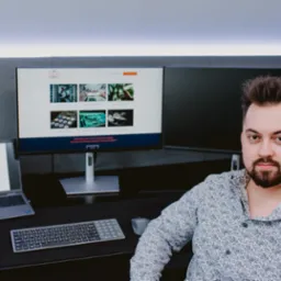 Mężczyzna siedzący przy biurku z dwoma monitorami, na jednym z nich widoczna strona internetowa firmy IT, obok laptop z logiem firmy na ekranie, klawiatura i myszka.