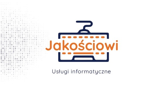 Logo firmy informatycznej z napisem 'Jakościowi' w kolorze pomarańczowym, umieszczonym nad stylizowanym symbolem klawiatury w kolorze granatowym, na białym tle z elementami kodu binarnego po lewej...