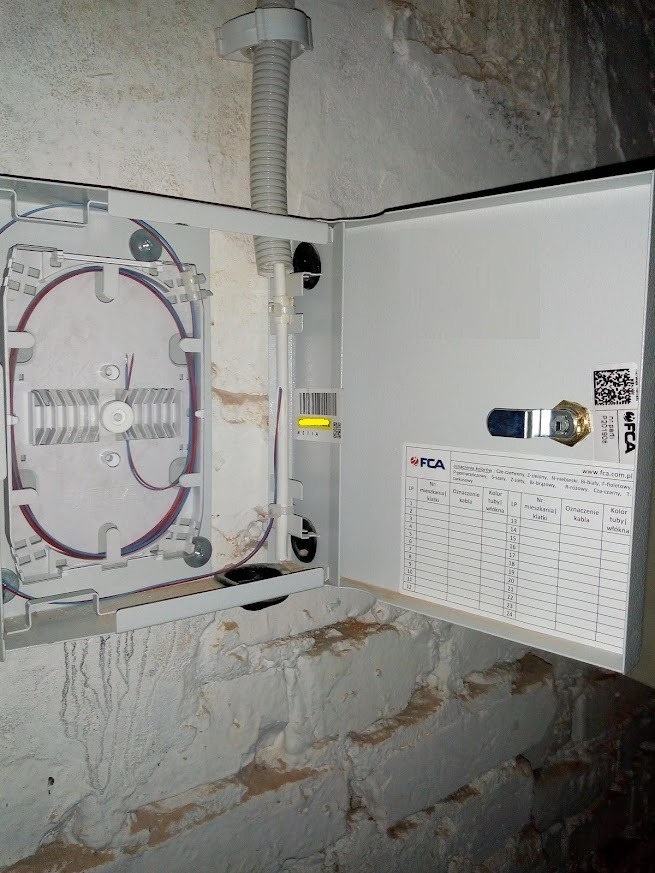 Otwarta skrzynka telekomunikacyjna z widocznymi kablami światłowodowymi i listwą zaciskową na tle surowej, pomalowanej na biało ściany z cegły. Wewnątrz skrzynki znajduje się schemat połączeń.