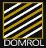 Logo firmy DOMROL z Brzoskwini na czarnym tle, przedstawiające ukośne biało-złote pasy w kwadracie.