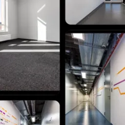 Wnętrze biurowe z nową wykładziną dywanową w odcieniach szarości, białe ściany z dekoracyjnymi wzorami w kolorach pomarańczowym i fioletowym, oraz widoczne instalacje pod sufitem.