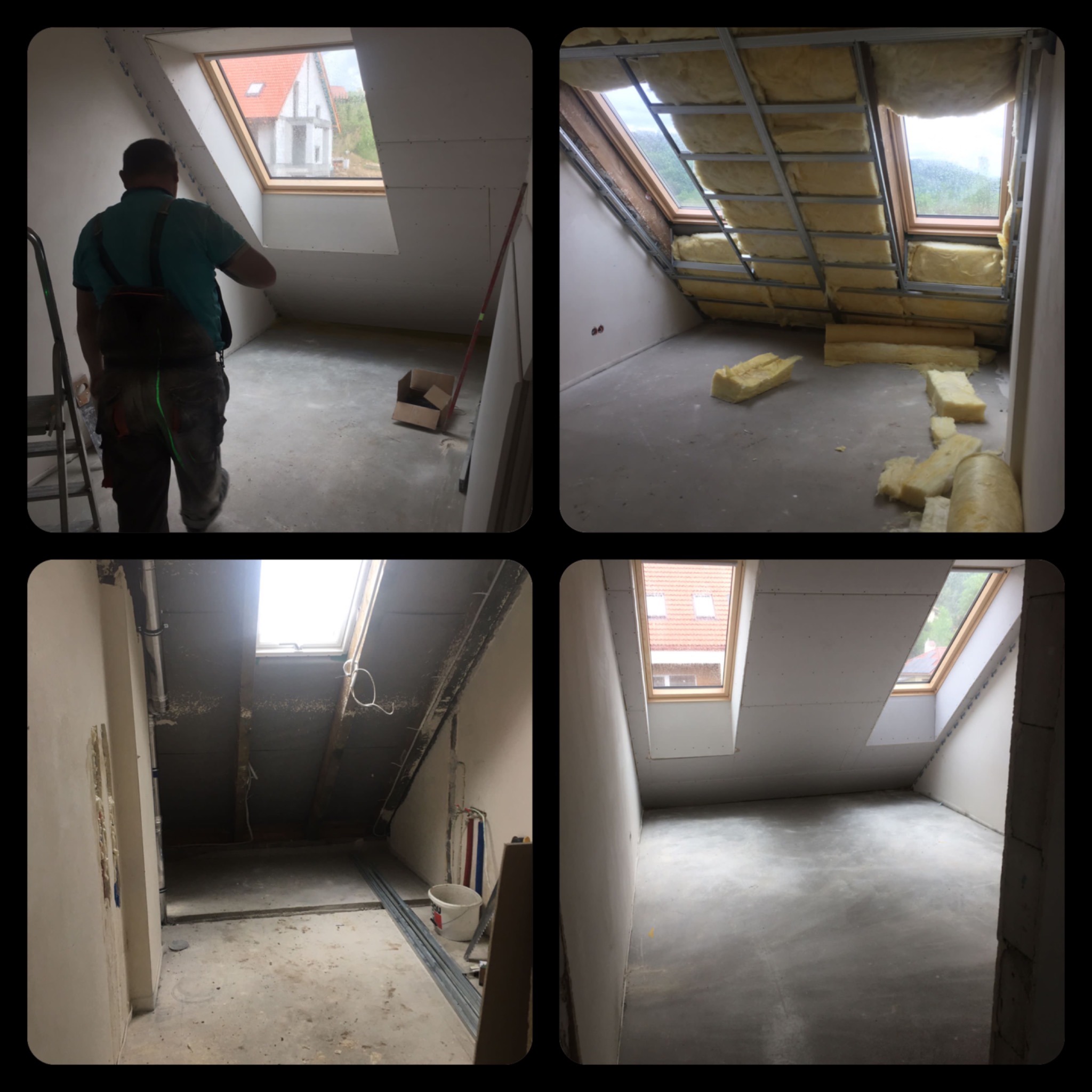 Poddasze w trakcie adaptacji: widoczne szkielety metalowe, izolacja z wełny mineralnej, częściowo zamontowane płyty gipsowo-kartonowe na skosach dachu, okna dachowe, przygotowania do wykończenia...