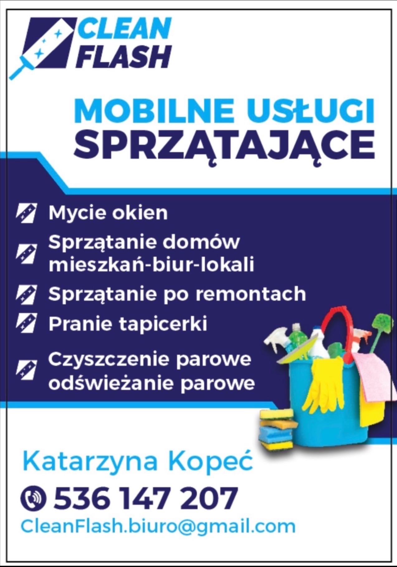 Grafika reklamowa firmy sprzątającej Clean Flash z ofertą mobilnych usług sprzątających, w tym mycia okien, sprzątania domów, mieszkań, biur, lokali, sprzątania po remontach, prania tapicerki...