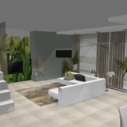 Wizualizacja salonu z białymi schodami, ścianą z motywem tulipanów, kominkiem, białym narożnikiem, szklanym stolikiem kawowym i roślinami doniczkowymi przy oknie.