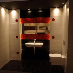 Nowoczesna łazienka z czarno-białymi płytkami, akcentami w kolorze czerwonym, podświetlanym lustrem oraz umywalką na metalowej nodze i toaletą.