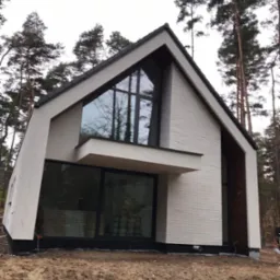 Nowoczesny dom jednorodzinny z białymi ścianami, dużymi oknami i ciemnym dachem, otoczony drzewami na piaszczystym terenie.