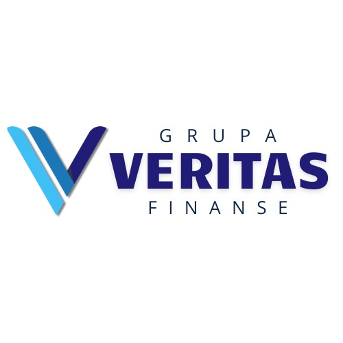 Logo firmy Grupa Veritas Finanse z niebieskim symbolem V i nazwą w granatowej czcionce na białym tle. Minimalistyczny design.
