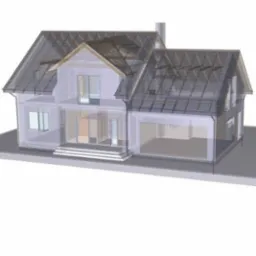 Wizualizacja 3D dwukondygnacyjnego domu z garażem, prezentująca przekrój budynku z widocznymi elementami konstrukcyjnymi i układem pomieszczeń.