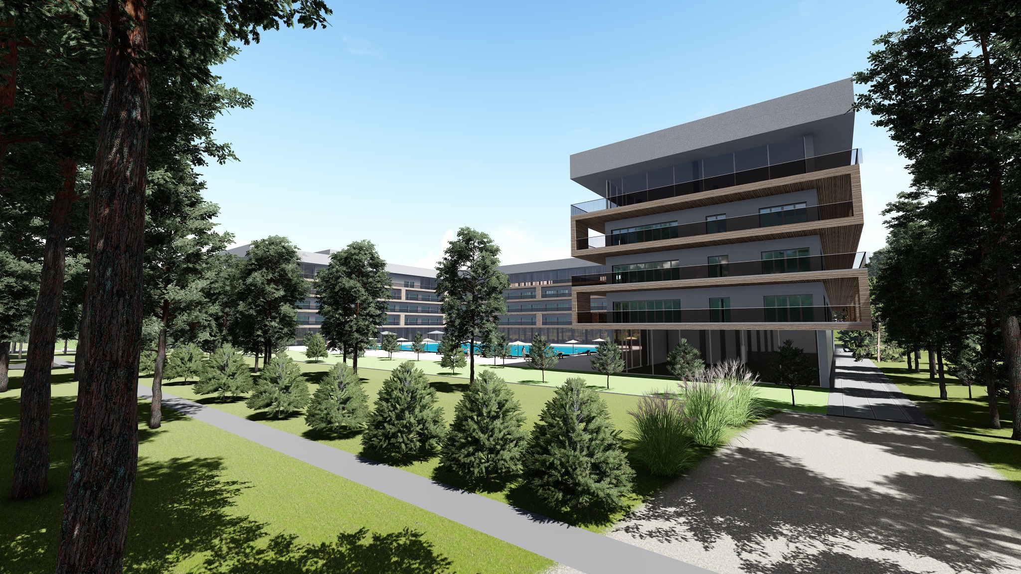 Wizualizacja nowoczesnego budynku apartamentowego z basenem, otoczonego zielenią i drzewami, prezentująca projekt architektoniczny z balkonami i przeszkleniami.