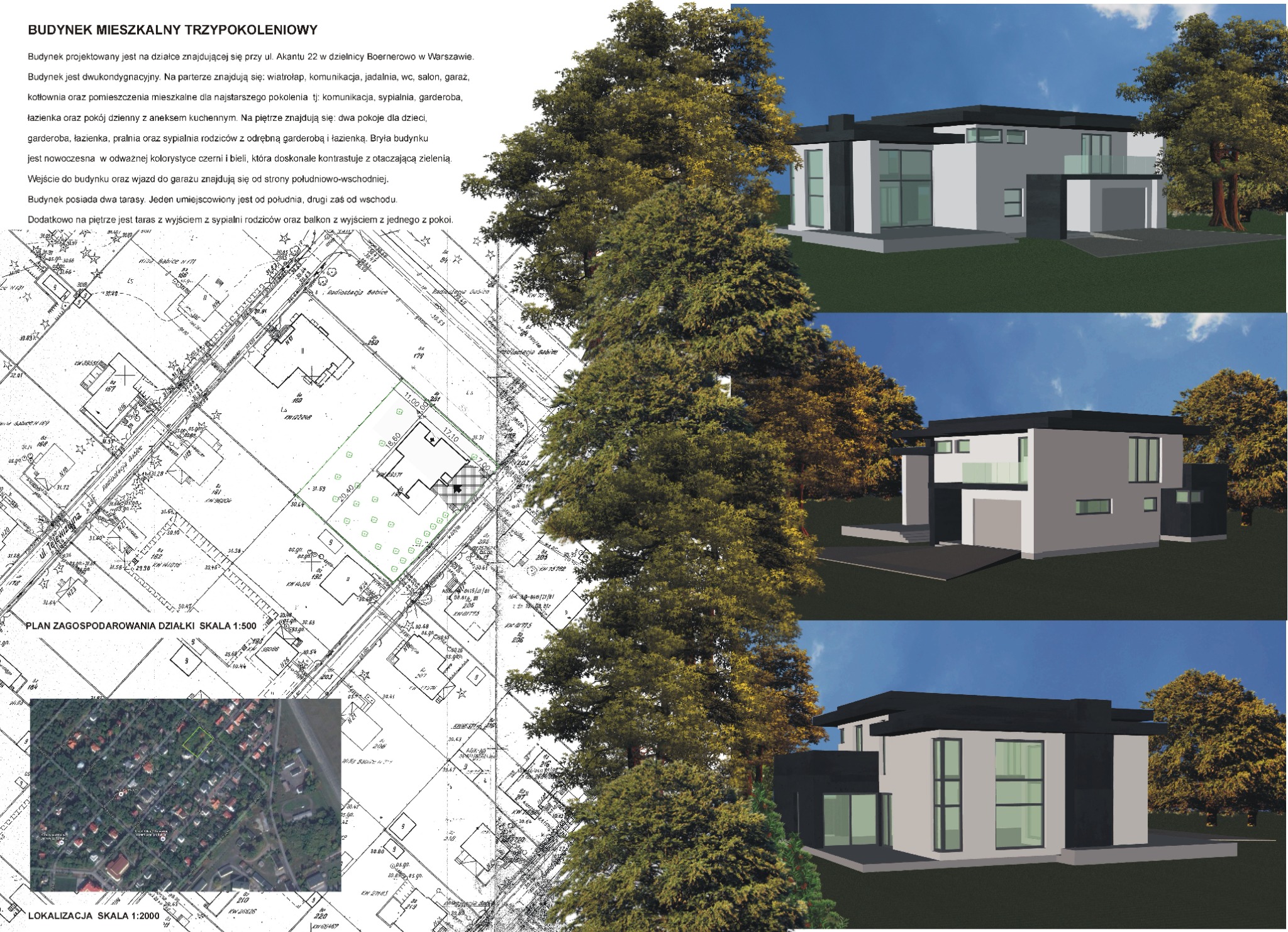 Wizualizacja 3D nowoczesnego, dwukondygnacyjnego domu z płaskim dachem, w kolorystyce bieli i szarości, na tle planu zagospodarowania przestrzennego i zdjęcia lotniczego działki.
