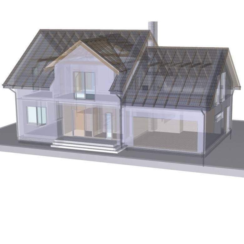 Wizualizacja 3D dwukondygnacyjnego domu z garażem, prezentująca przekrój budynku z widocznymi elementami konstrukcyjnymi i układem pomieszczeń.