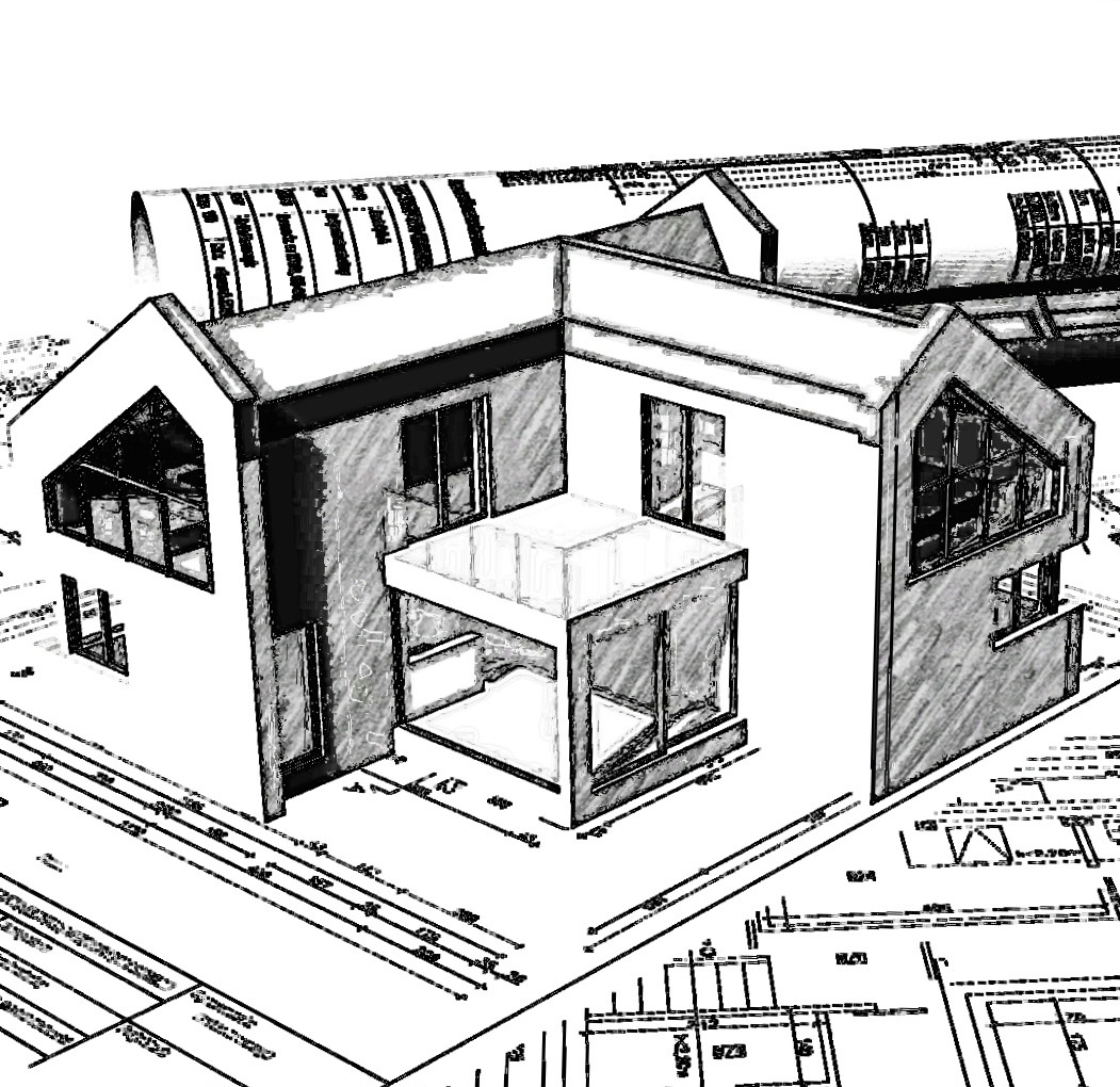 Szkic koncepcyjny dwukondygnacyjnego domu z płaskim dachem nad przeszklonym tarasem, widoczny na tle rozłożonych planów architektonicznych.