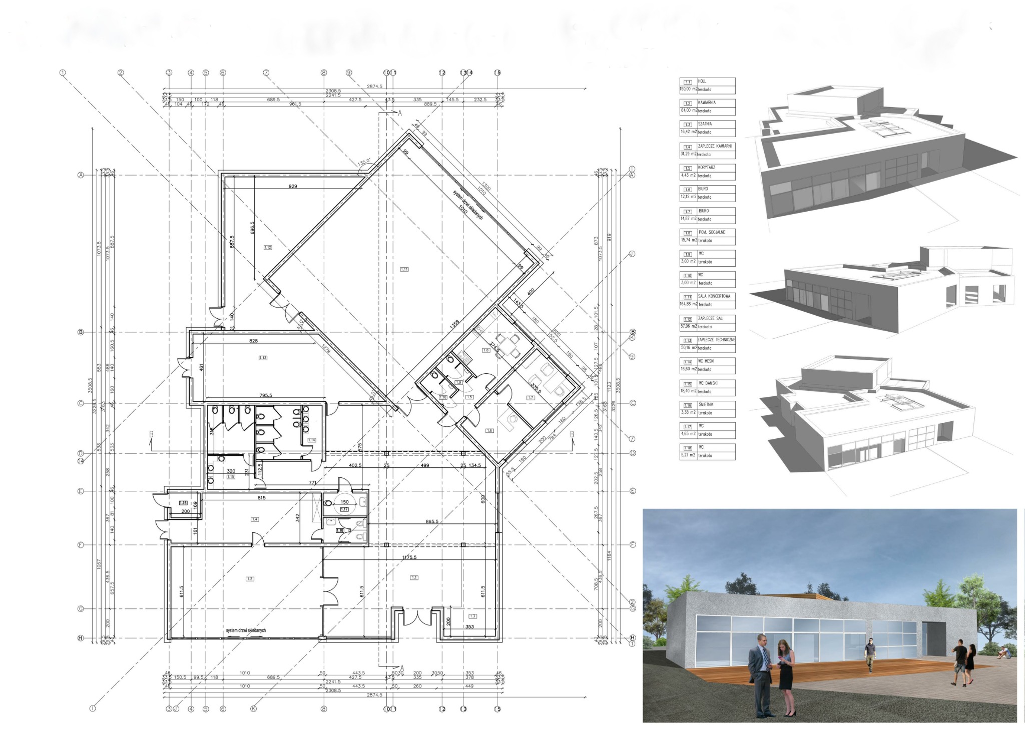 Rzut poziomy budynku z wymiarami i opisami pomieszczeń zestawiony z trzema wizualizacjami 3D bryły budynku oraz wizualizacją budynku z otoczeniem i postaciami ludzi.
