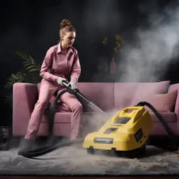 Kobieta w różowym kombinezonie czyści szary dywan żółtym odkurzaczem piorącym marki Intersteam, na tle różowej kanapy i ciemnego tła z roślinami.