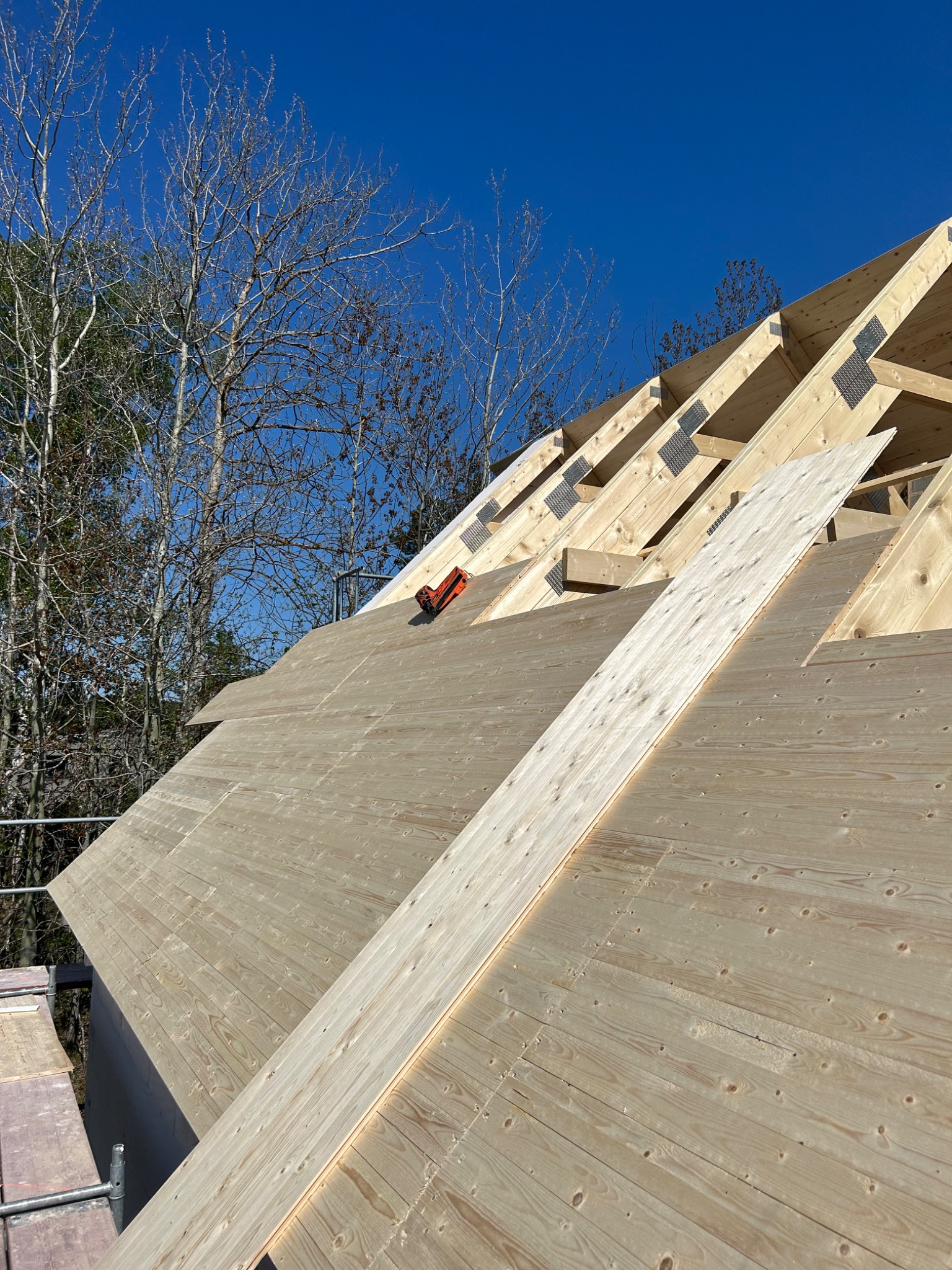 Konstrukcja drewniana dachu z desek w trakcie budowy w Suchej Beskidzkiej, widok z dołu na niebieskie niebo i drzewa w tle, narzędzie dekarskie leży na deskach.