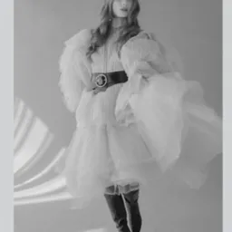 Czarno-białe zdjęcie modelki w plisowanej, białej sukience z bufiastymi rękawami, podkreślonej szerokim, skórzanym paskiem z okrągłą klamrą i wysokimi, skórzanymi kozakami, na jasnoszarym tle...