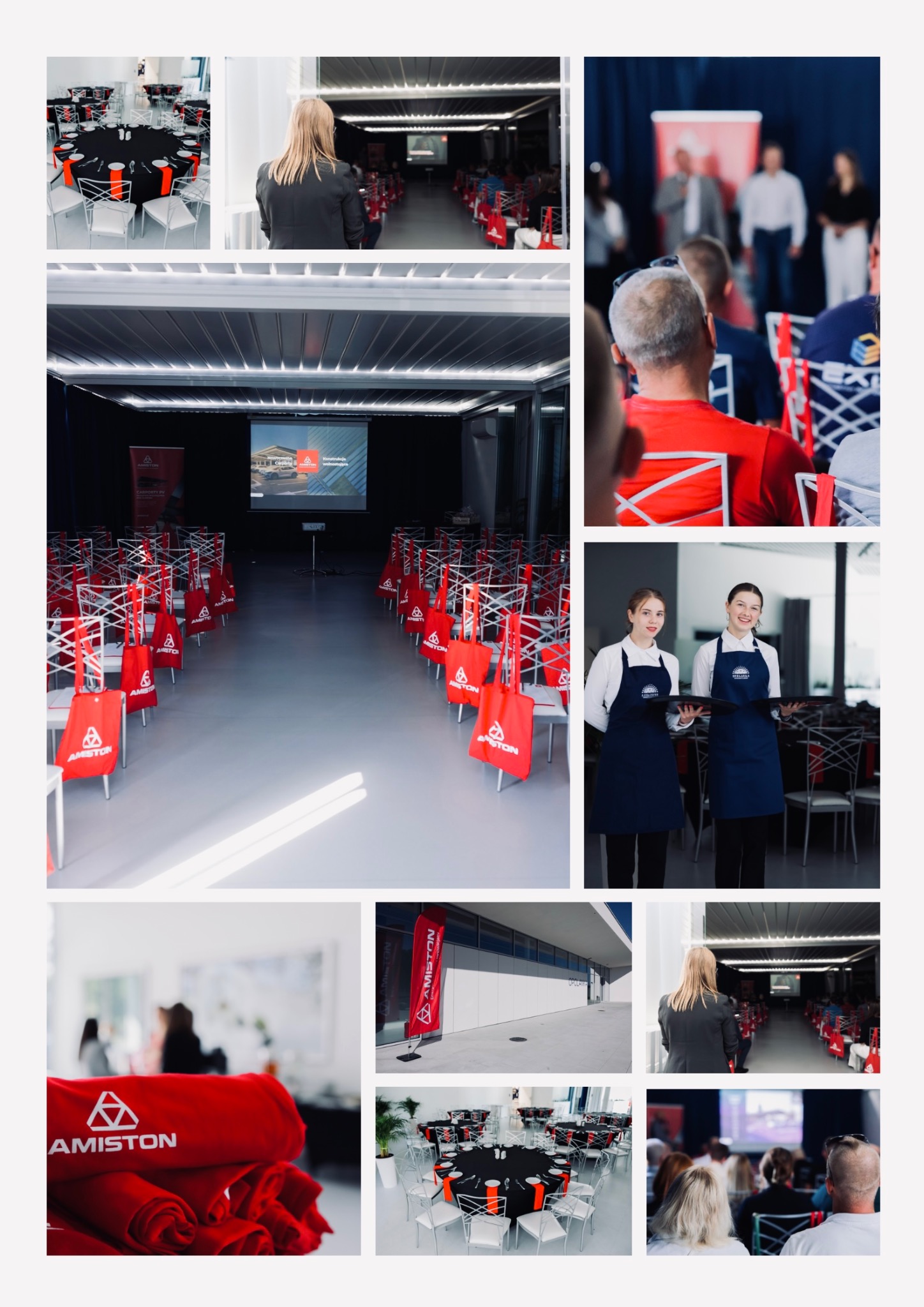 Przygotowania do konferencji: sala z rzędami krzeseł z czerwonymi torbami z logo firmy, kelnerki z tacami, ustawione stoły z czarnymi obrusami, prezentacja na ekranie.