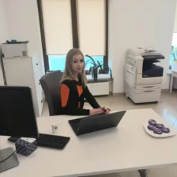 Kobieta siedząca za biurkiem w biurze, z laptopem, monitorem, klawiaturą, kubkiem, pudełkiem z serduszkami i talerzem czekoladek, w tle okno z roletami, drukarka i kwiaty.