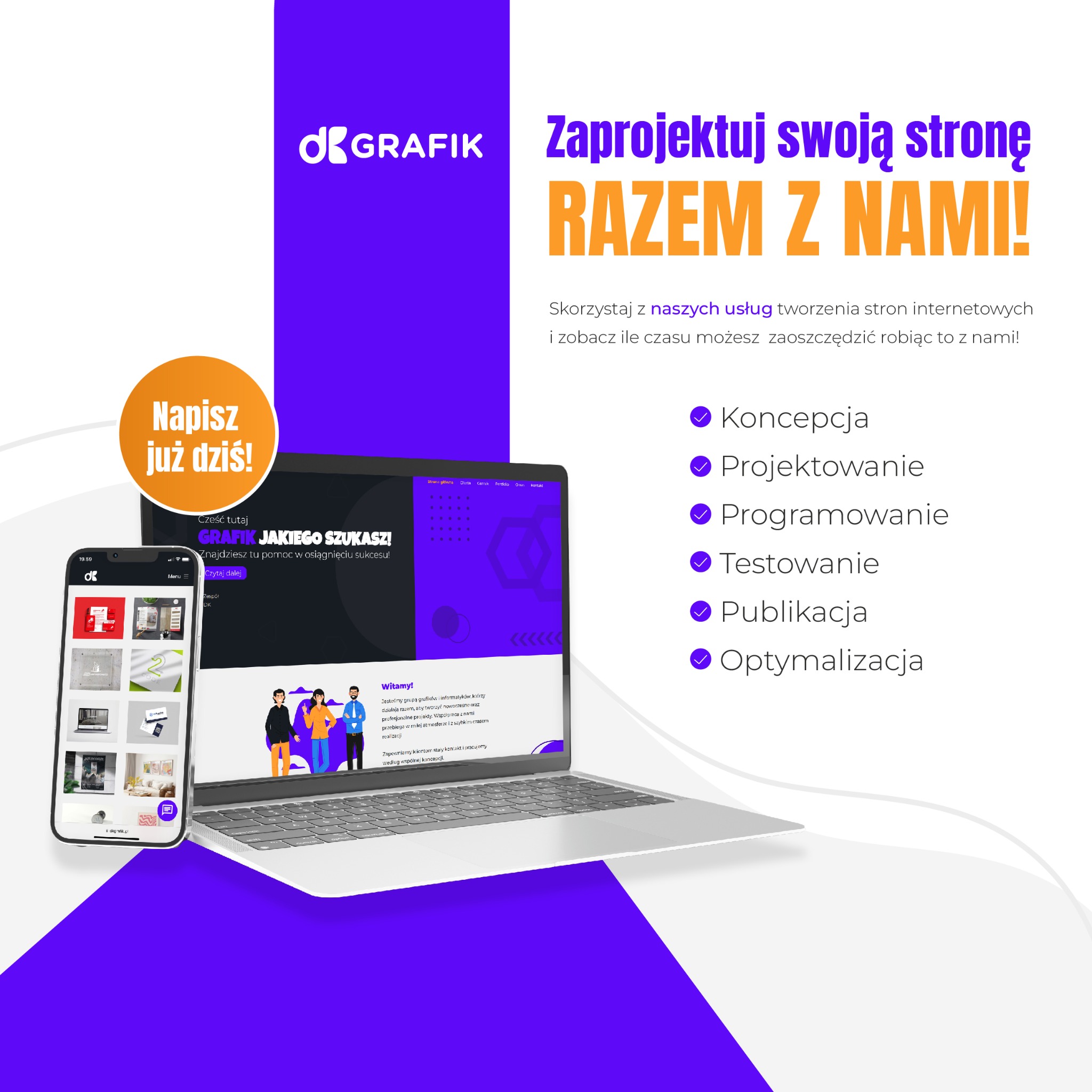 Prezentacja oferty firmy DK Grafik na laptopie i smartfonie, z widocznym logo, hasłem 'Zaprojektuj swoją stronę razem z nami!', listą korzyści i elementami graficznymi strony internetowej.