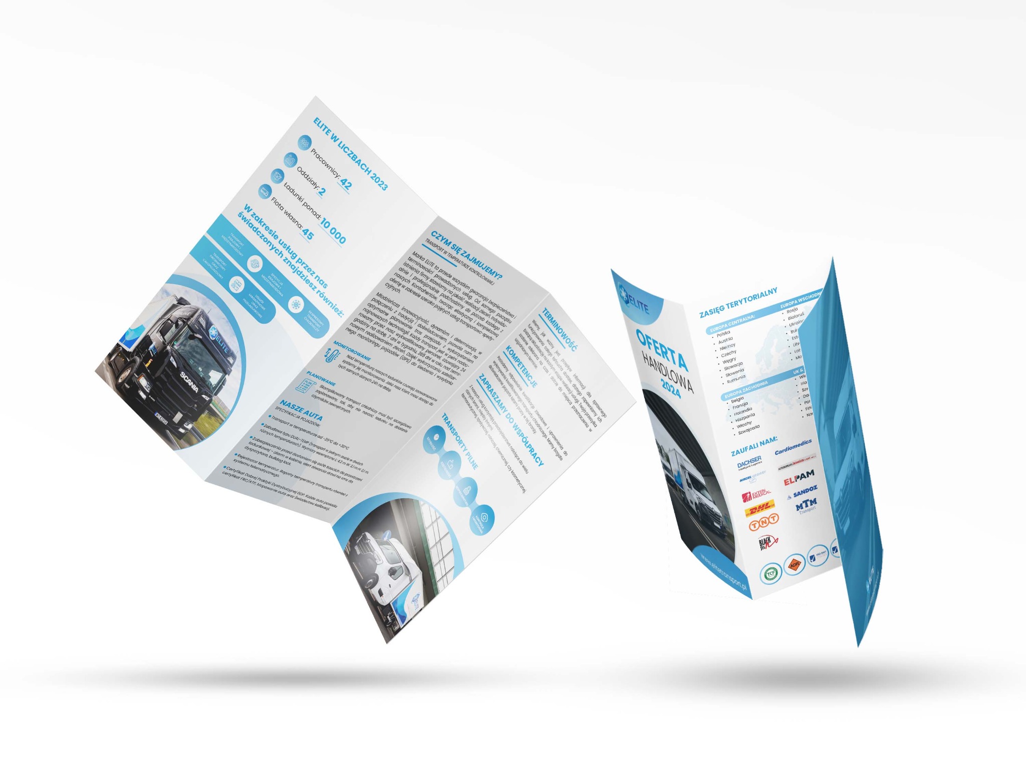 Rozłożona ulotka reklamowa firmy transportowej Elite, prezentująca ofertę handlową na 2024 rok, zasięg terytorialny i specyfikację aut z certyfikatami.