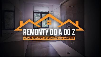 Nowoczesna łazienka z kabiną prysznicową typu walk-in, szarą glazurą i oknem. Na pierwszym planie logo firmy remontowej z hasłem 'Remonty od A do Z'.