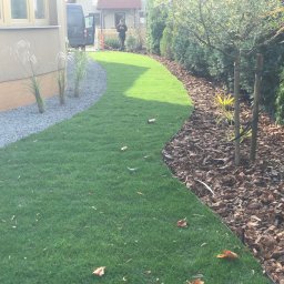 ECOOGRÓD TOMASZ DAROCH - Świeżo założony trawnik z rolki, oddzielony grysem od budynku i korą od drzew. Osoba w tle. Jesienne liście na trawie.