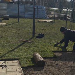 ECOOGRÓD TOMASZ DAROCH - Układanie trawy z rolki na działce z metalowym ogrodzeniem w tle. Widoczny pracownik w trakcie pracy, rolka trawy i fragment ułożonej nawierzchni.