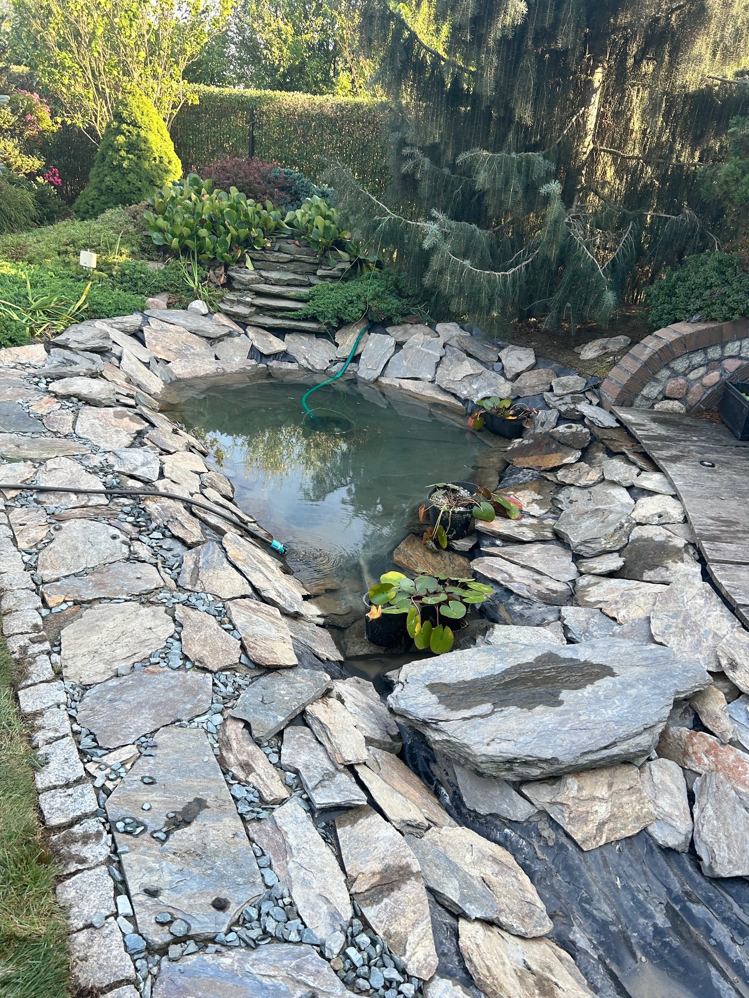 Oczko wodne z kamienną obudową i roślinami wodnymi w donicach. W tle widoczne schody z kamienia i roślinność ogrodowa. Woda w oczku częściowo wypełniona.