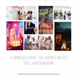 Kompozycja zdjęć przedstawiająca różne sceny imprezowe: urodziny z tortem, piknik, toast biznesowy, ognisko, dekoracje balonowe i napis 'PROMOCJA'.