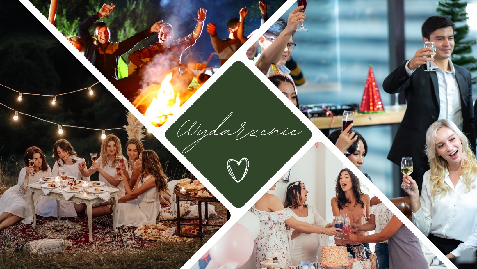 Montaż zdjęć przedstawiających różne wydarzenia: ognisko z tańczącymi ludźmi, piknik na trawie z kobietami w białych sukienkach, impreza firmowa z toastami, baby shower z tortem i balonami.