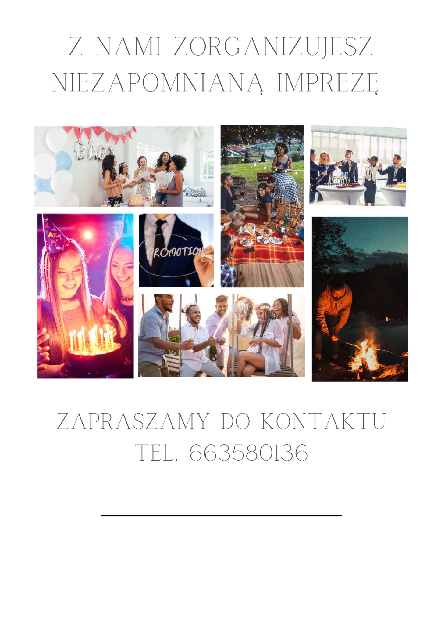 Kompozycja zdjęć przedstawiająca różne sceny imprezowe: urodziny z tortem, piknik, toast biznesowy, ognisko, dekoracje balonowe i napis 'PROMOCJA'.