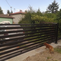 HUB-MAR Marek Piasecki - Nowoczesna brama posesyjna z poziomych profili w kolorze antracytowym, widoczna z zewnątrz posesji, z psem rasy jamnik w dolnym prawym rogu, w tle zabudowa jednorodzinna i zieleń.