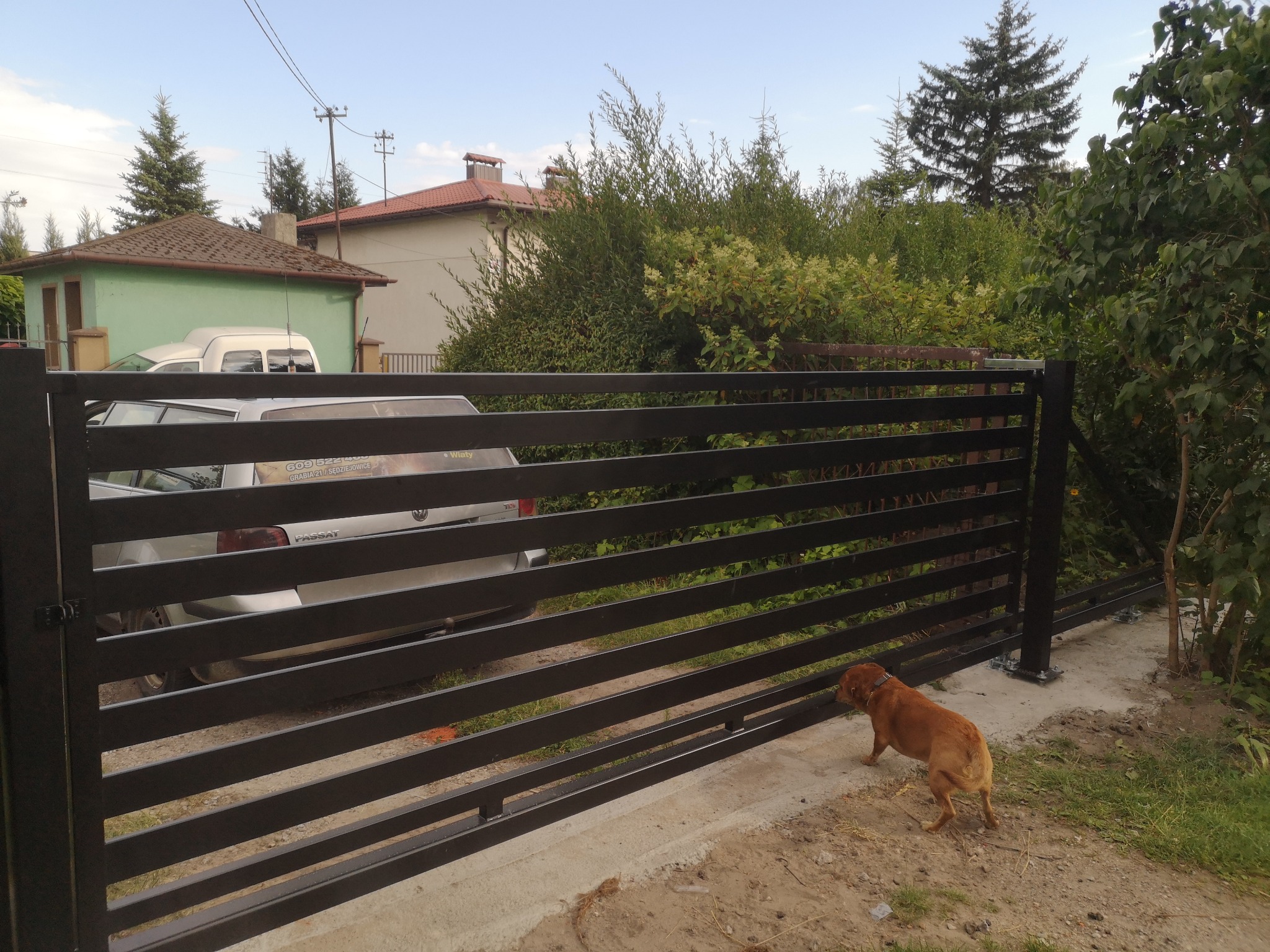 Nowoczesna brama posesyjna z poziomych profili w kolorze antracytowym, widoczna z zewnątrz posesji, z psem rasy jamnik w dolnym prawym rogu, w tle zabudowa jednorodzinna i zieleń.