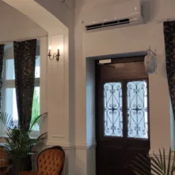 Biały klimatyzator LG zamontowany nad ciemnymi drzwiami z ozdobnymi kratami w eleganckim wnętrzu z roślinami doniczkowymi i fotelem w stylu vintage.