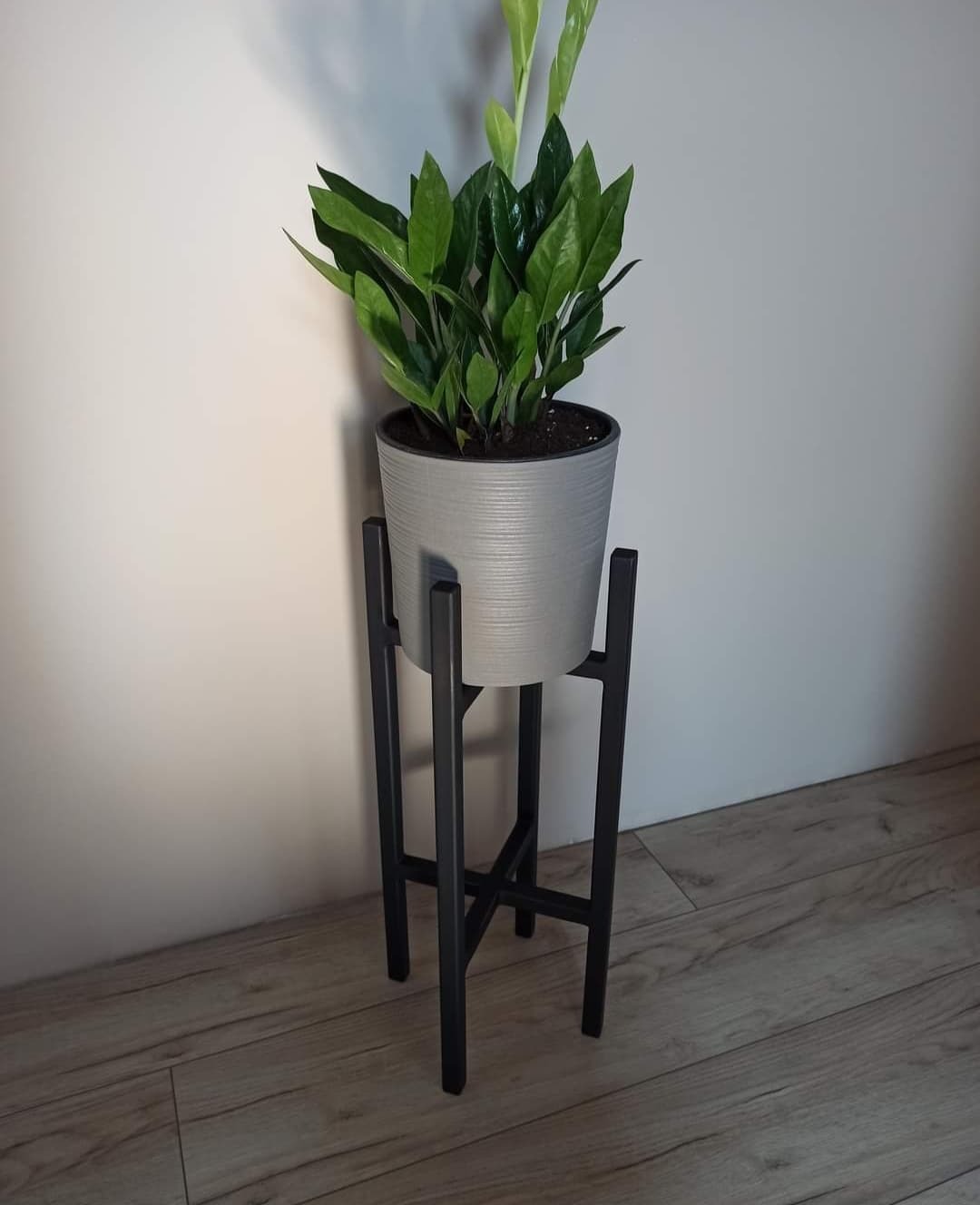 Stojak metalowy na doniczkę z rośliną, minimalistyczny design, czarna konstrukcja, szara doniczka z zielonymi liśćmi, ustawiony na drewnianej podłodze przy białej ścianie.