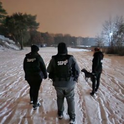 Specjalistyczna Grupa Poszukiwawczo-Dochodzeniowa MWP Prywatny Detektyw - Trzy osoby w uniformach z napisem SGPD na plecach, spacerujące z psem po ośnieżonej drodze nocą.
