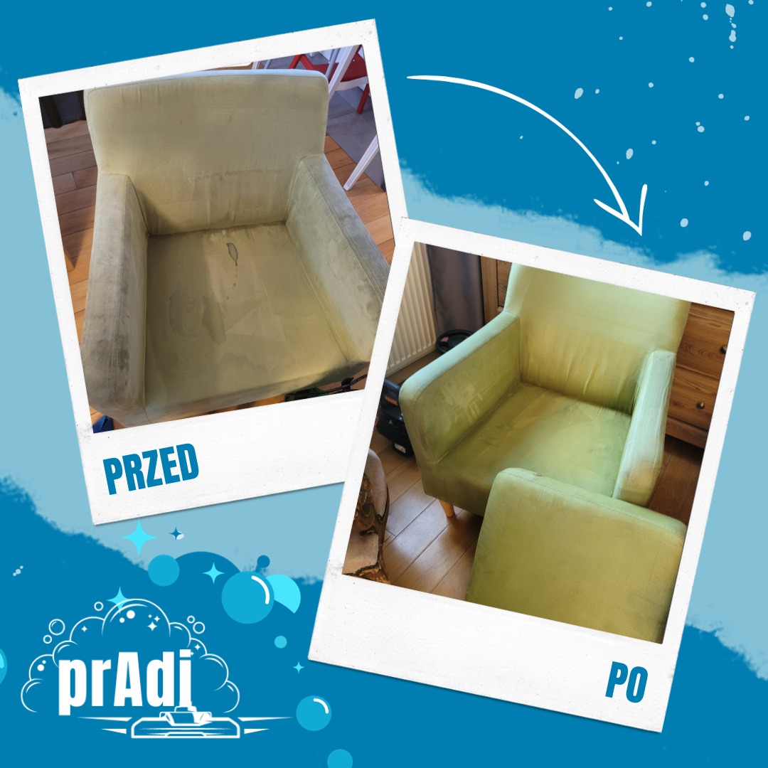 Porównanie fotela tapicerowanego przed i po czyszczeniu; widoczne wyraźne usunięcie plam i zabrudzeń.