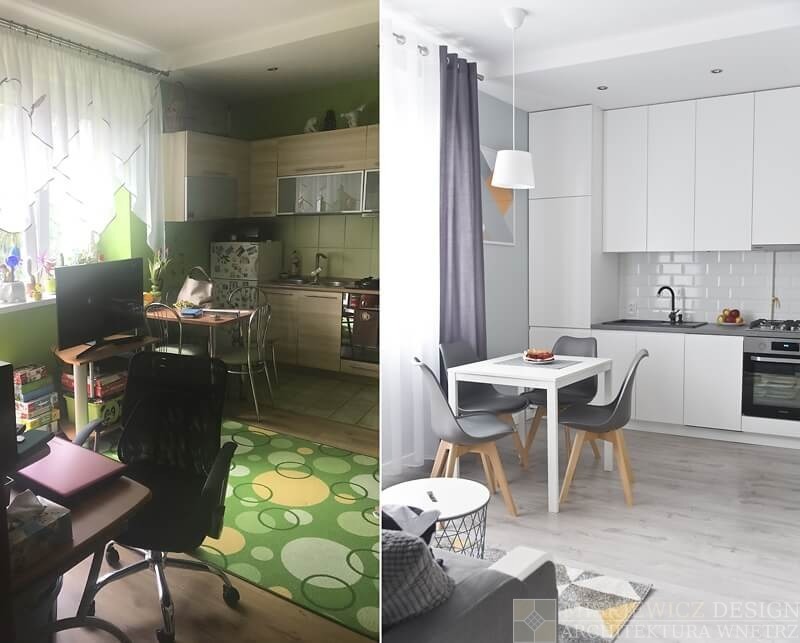 Porównanie kuchni przed i po remoncie: stara kuchnia z zielonymi ścianami i jasnymi meblami kuchennymi kontra nowa, minimalistyczna kuchnia z białymi szafkami, szarymi ścianami i drewnianymi nogami...