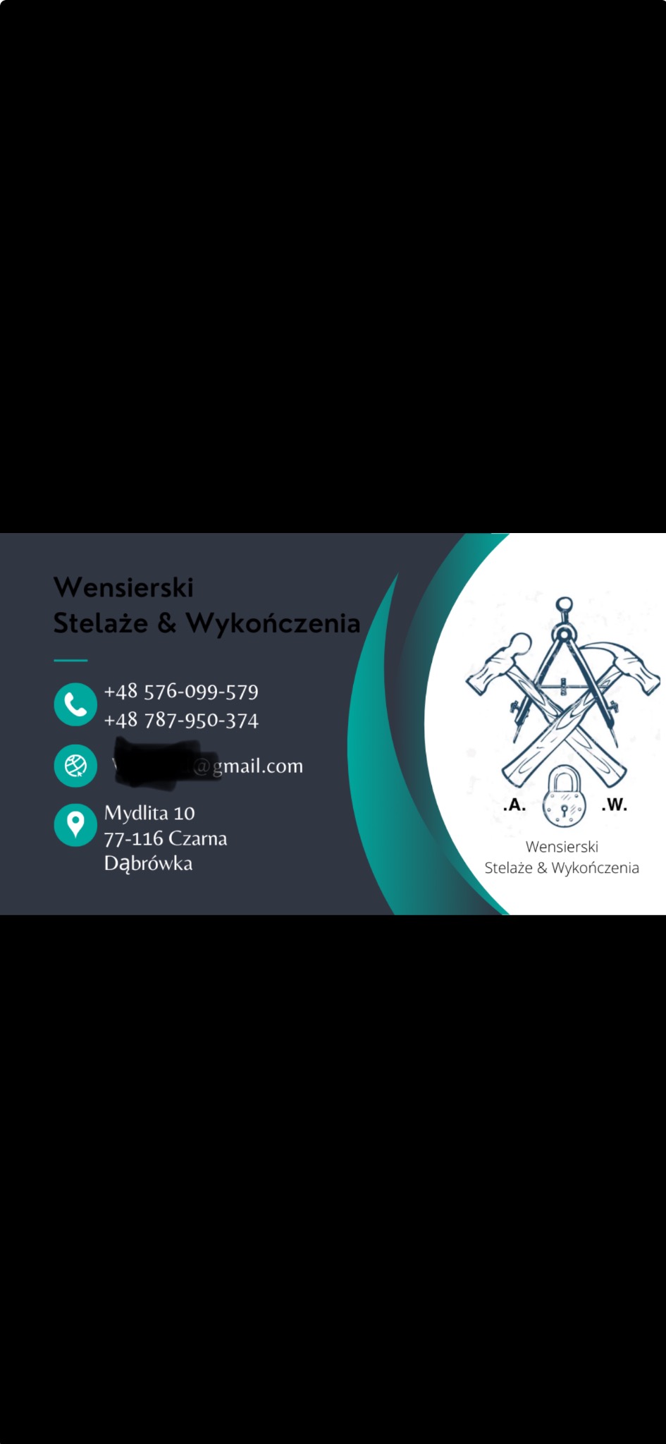 Wizytówka firmy Wensierski Stelaże & Wykończenia z numerami telefonów, adresem email i symbolem graficznym z młotkami i cyrklem.