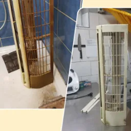 Dwie części kratki wentylacyjnej: brudna po lewej stronie w wannie z niebieskimi płytkami, czysta po prawej stronie na metalowym blacie z nożem na ścianie w tle.