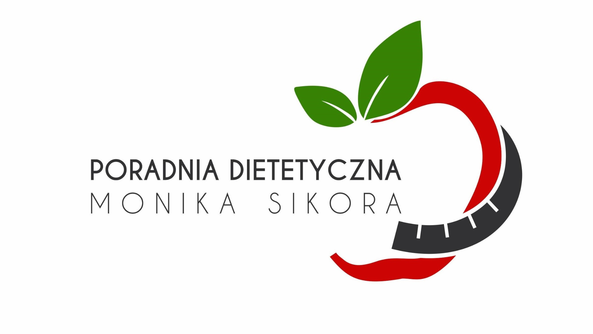 Logo Poradni Dietetycznej Monika Sikora z elementami graficznymi liści i stylizowanej wagi.