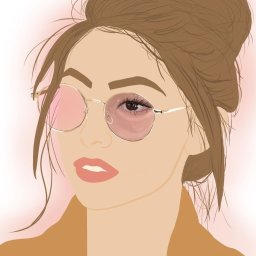 ZborowskaArt - Digitalowa ilustracja portretowa kobiety z brązowymi włosami upiętymi w kok, noszącej okrągłe okulary z różowymi szkłami, na jasnoróżowym tle.