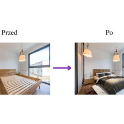 ZborowskaArt - Porównanie wizualizacji sypialni przed i po aranżacji: od drewnianego stelaża łóżka do gotowej, urządzonej przestrzeni z beżowym zagłówkiem, lampami wiszącymi i dywanem