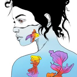 ZborowskaArt - Ilustracja: Profil kobiety z czarnymi włosami, na której ciele zamiast skóry widać wodę z pływającymi, kolorowymi rybkami. Delikatna kreska, subtelne kolory.