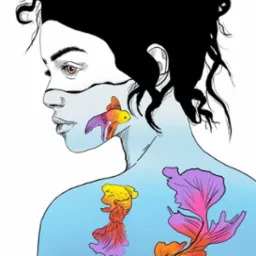 Ilustracja: Profil kobiety z czarnymi włosami, na której ciele zamiast skóry widać wodę z pływającymi, kolorowymi rybkami. Delikatna kreska, subtelne kolory.