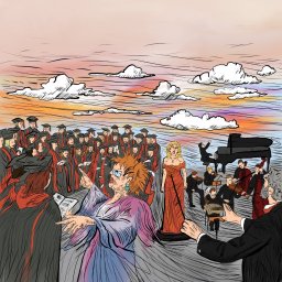 ZborowskaArt - Ilustracja przedstawia dyrygentkę prowadzącą orkiestrę i chór podczas uroczystości akademickiej na tle malowniczego nieba o zachodzie słońca. Kolorowa grafika.