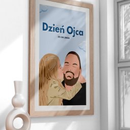 ZborowskaArt - Ilustracja w ramce: córka całuje ojca w policzek. Grafika w stylu płaskim z napisem 'Dzień Ojca 23.06.2024'. Dekoracja wnętrza, nowoczesny wazon obok.