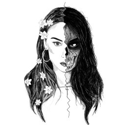 ZborowskaArt - Czarno-biały rysunek cyfrowy kobiety z kwiatami we włosach, której połowa twarzy jest przedstawiona jako czaszka. Rysunek wykonany w stylu szkicu.